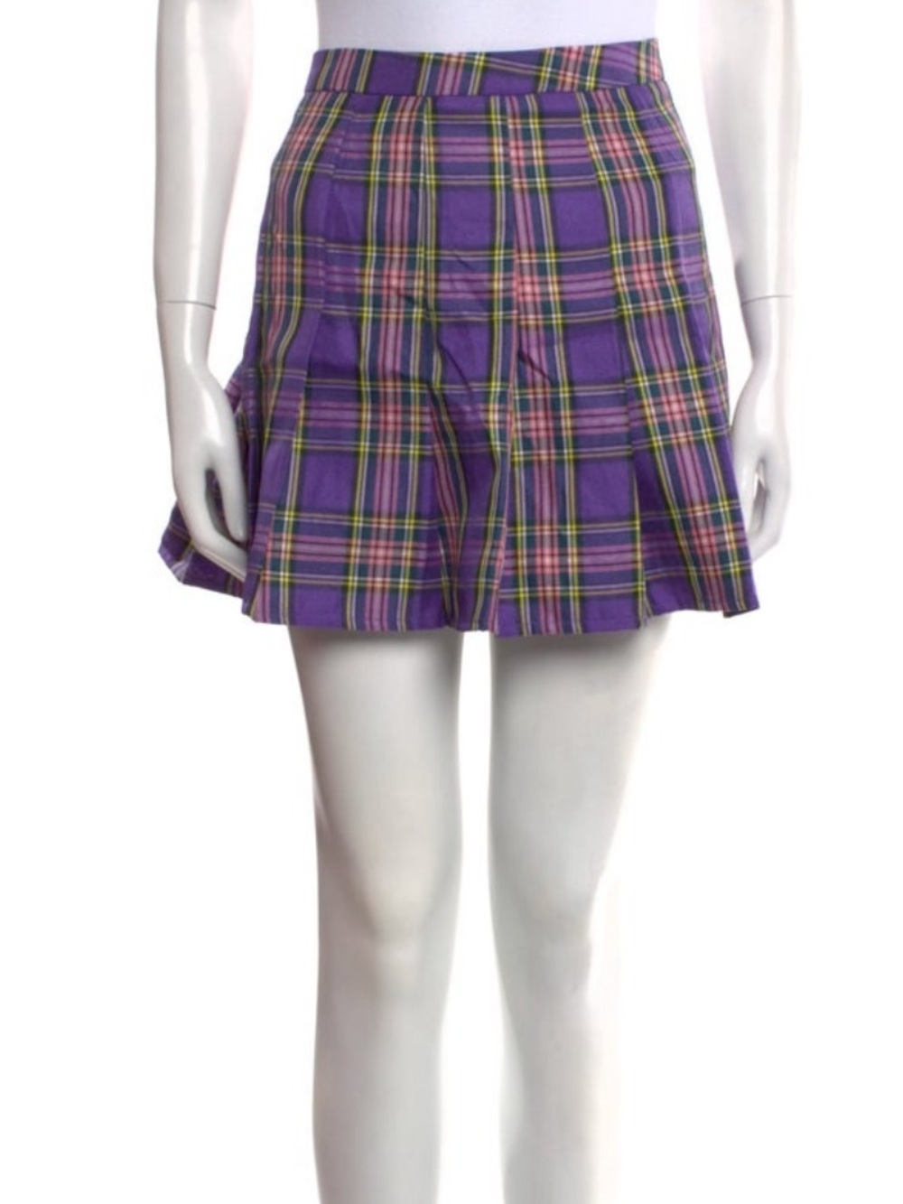 Lirika Matoshi Purple Plaid Pleated Mini Skirt with Yellow & Green Stripes